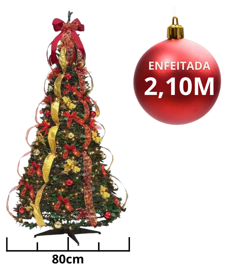 Árvore de Natal Dobrável - Completa Com Bolinhas, Pisca Pisca e Fitas 🎄