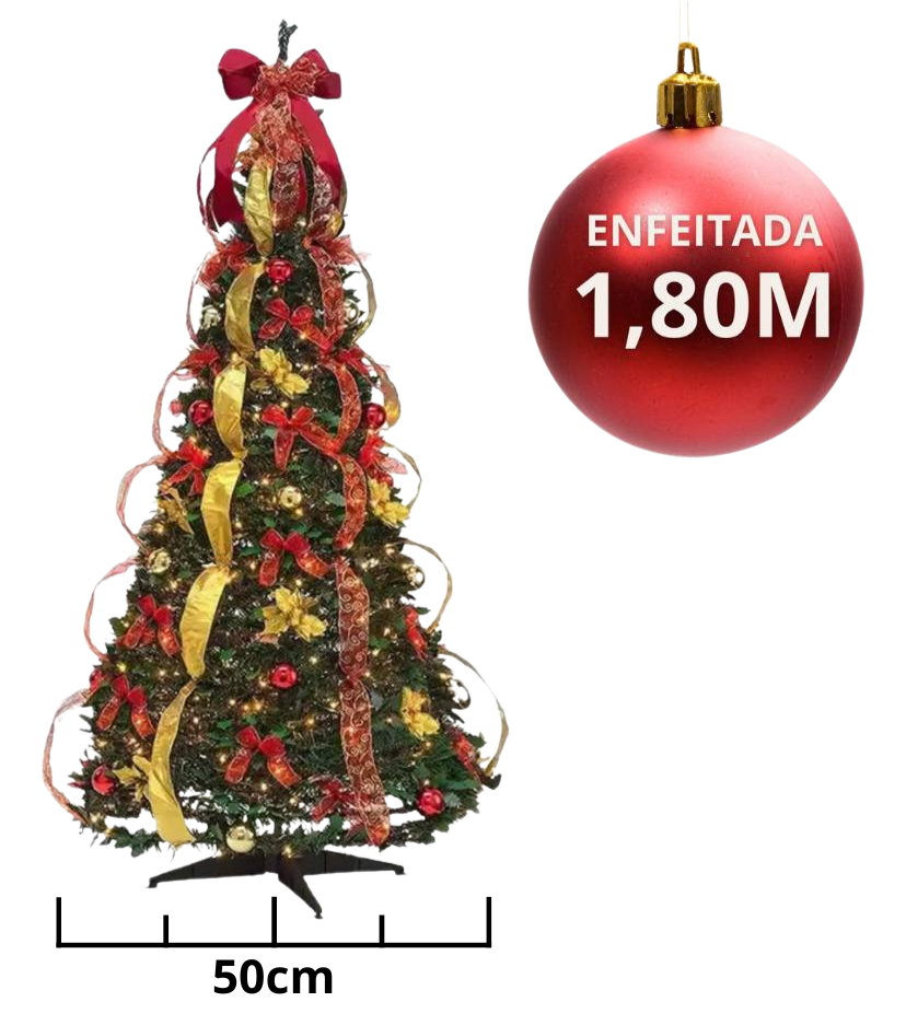 Árvore de Natal Dobrável - Completa Com Bolinhas, Pisca Pisca e Fitas 🎄