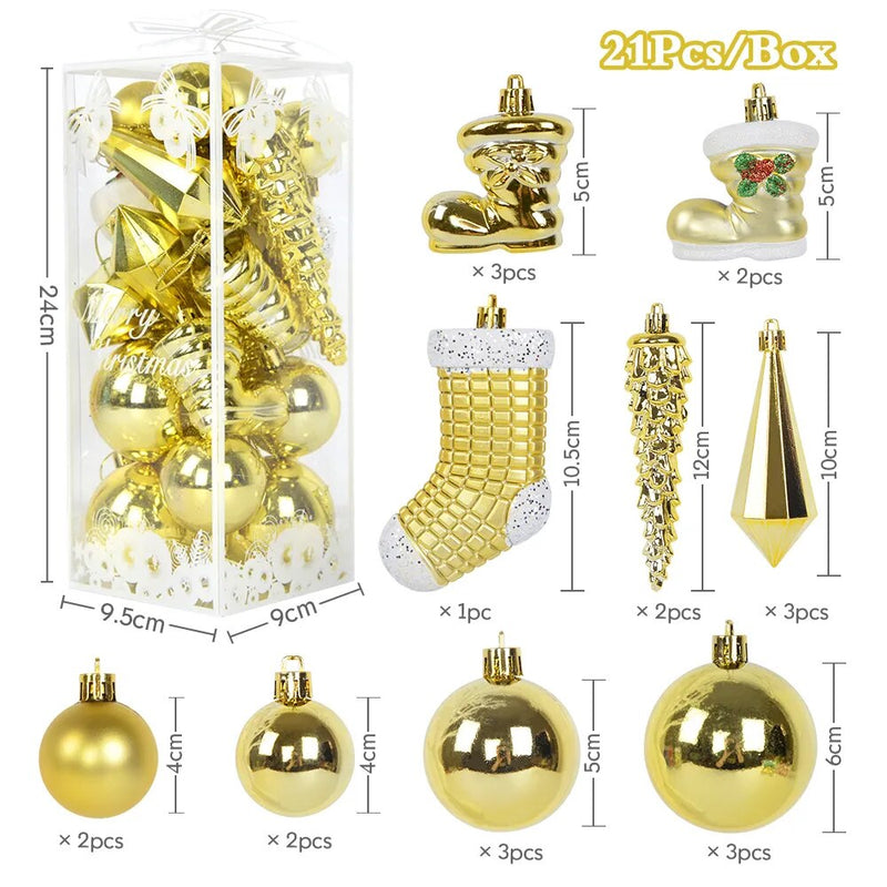 Conjunto Decorações Pendentes para Árvore de Natal Dourada – 21 Peças