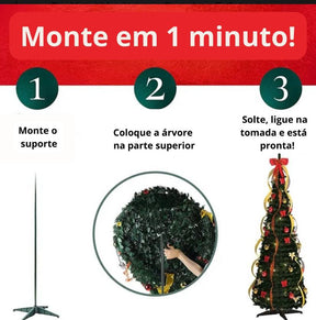 Árvore de Natal Dobrável - Completa Com Bolinhas, Pisca Pisca e Fitas 🎄