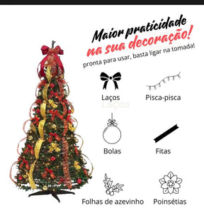 Árvore de Natal Dobrável - Completa Com Bolinhas, Pisca Pisca e Fitas 🎄